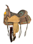 Double T 15" Double T Youth Hard Seat Western Saddle with Teal Arrow Accents