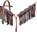 Showman Showman Turquoise and Brown Floral Tooled Fringe Headstall Set