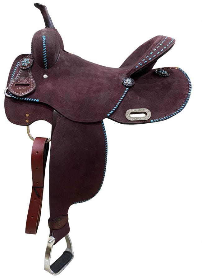 Circle S 14" CIRCLE S Barrel Style Saddle with Teal Buck Stitch Accents