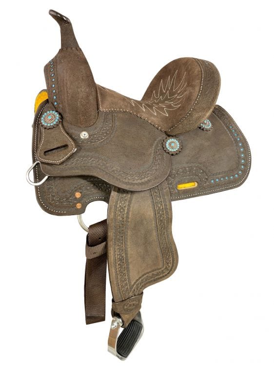 Double T 10" Double T Rough Out Barrel Style Saddle with Teal Buckstitch Accents & Flower Conchos