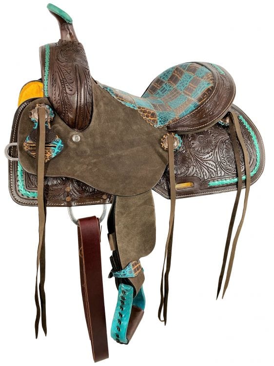 Double T 12" Double T Barrel Style Saddle with Teal Gator Patchwork Pattern