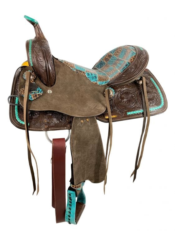 Double T 15" Double T  Barrel Style Saddle with Teal Gator Patchwork Pattern