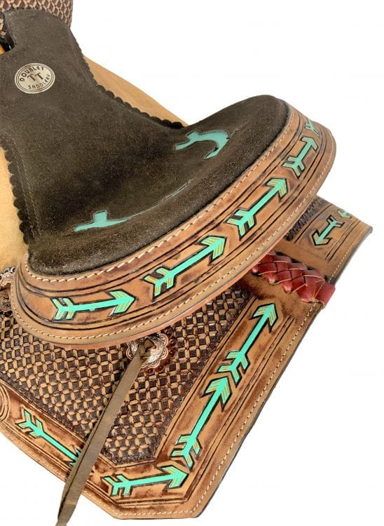 Double T 15" Double T  Youth Hard Seat Western Saddle with Teal Arrow Accents