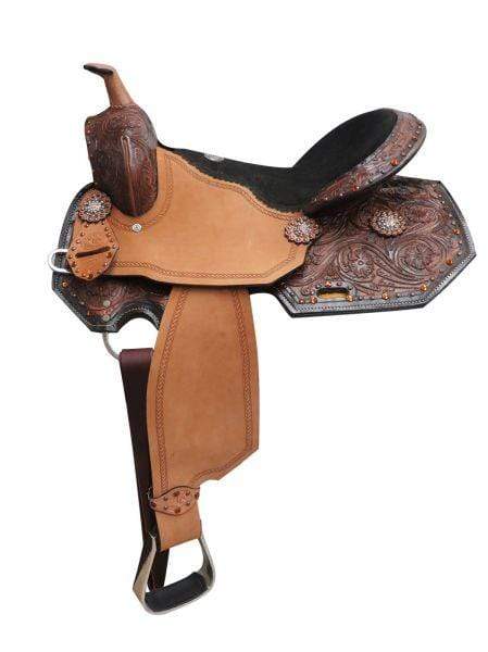 Double T Double T 16" Barrel Style Saddle With Amber Colored Rhinestones And Floral Tooling