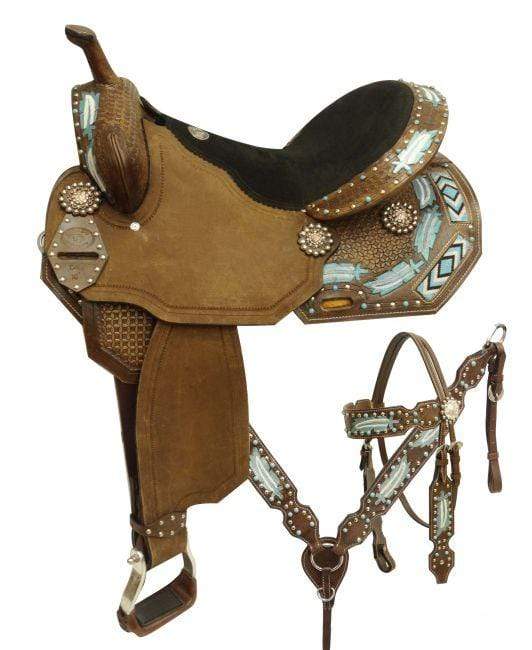 Double T Double T Barrel Saddle Set With Metallic Painted Feathers And Beaded Inlay
