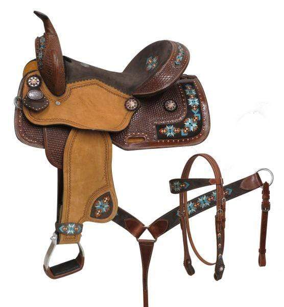 Double T Double T Barrel Style Saddle Set With Embroidered Navajo