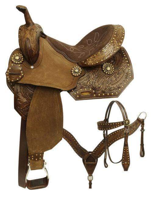Showman Economy Style Barrel Saddle Set With Feather Tooled Design