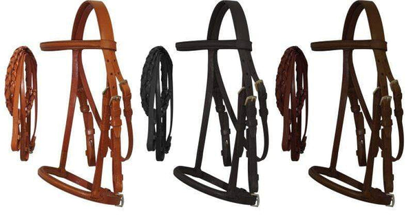 Showman Horse Size English Headstall with Raised Browband and Braided Leather Reins
