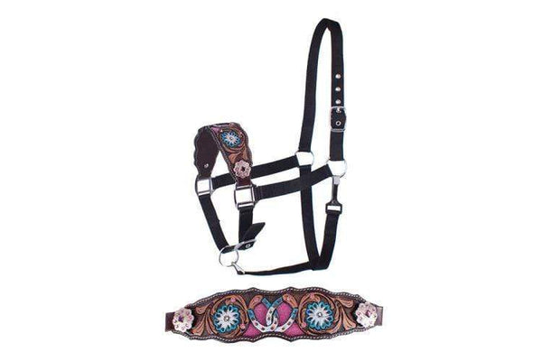 Showman Showman Adjustable Bronc Halter with Hand Painted Horse Shoes and Floral Noseband