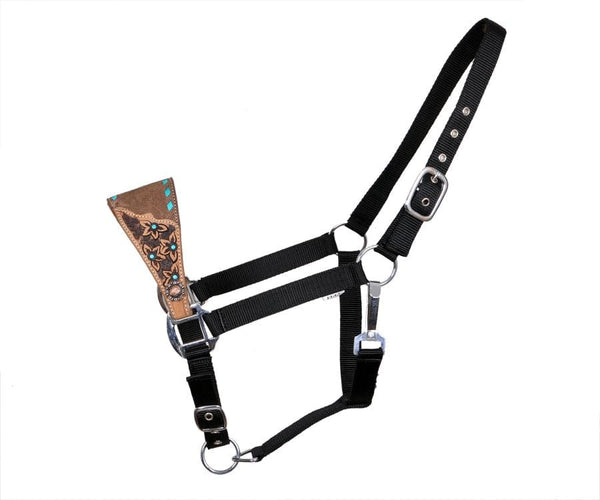 Showman Showman Adjustable Nylon Bronc Halter on Medium Leather with Floral Tooling and Teal Buck Stitch
