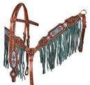 Showman Showman Beaded Inlay and Suede Leather Fringe Headstall Set