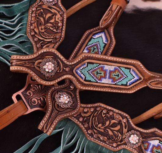 Showman Showman Beaded Inlay and Suede Leather Fringe Headstall Set