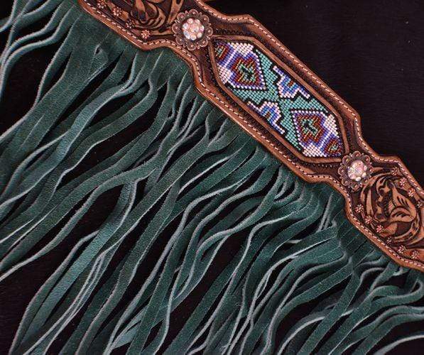 Showman Showman Beaded Inlay and Suede Leather Fringe Headstall Set