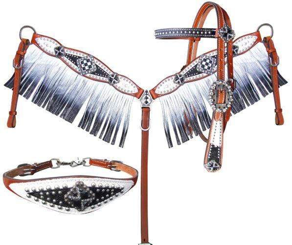 Showman Showman Bejeweled Black and White 4 Piece Fringe Headstall Set