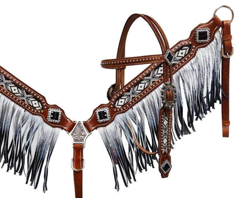 Showman Showman Black And White Beaded Headstall Set With Ombre Fringe