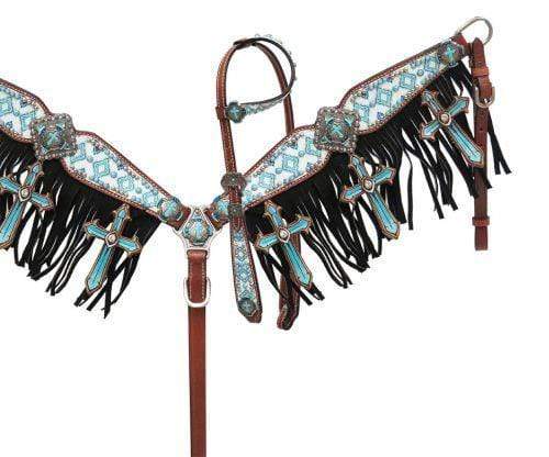 Showman Showman Brown And Teal Navajo Diamond Print Headstall Set