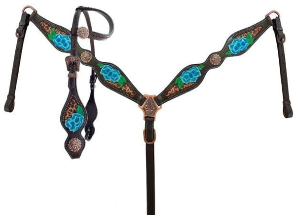 Showman Showman Cheetah Print Inlay w/ Painted Blue Flower Accent One Ear Headstall Set