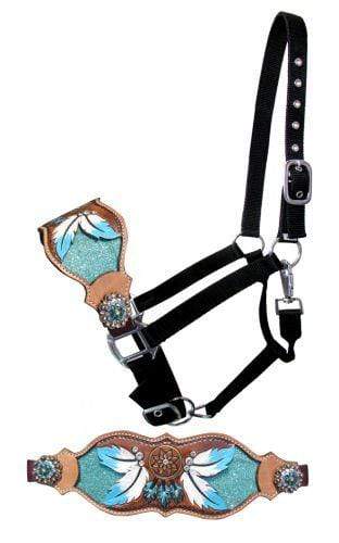 Showman Showman FULL SIZE Leather Bronc Halter with Teal Dreamcatcher Design