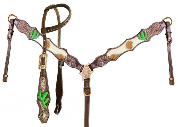 Showman Showman Hair on Cowhide One Ear Leather Headstall Set with Hand Painted Cactus