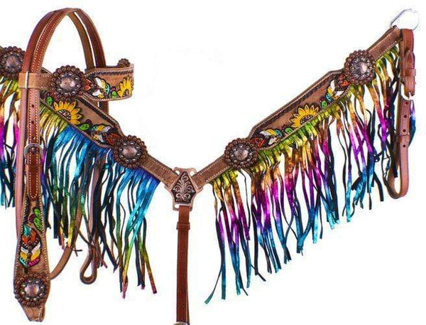 Showman Showman Hand Painted Feather Sunflower and Cactus Headstall Set