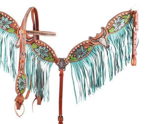 Showman Showman Hand Painted Steer Skull and Cactus Fringe Headstall Set