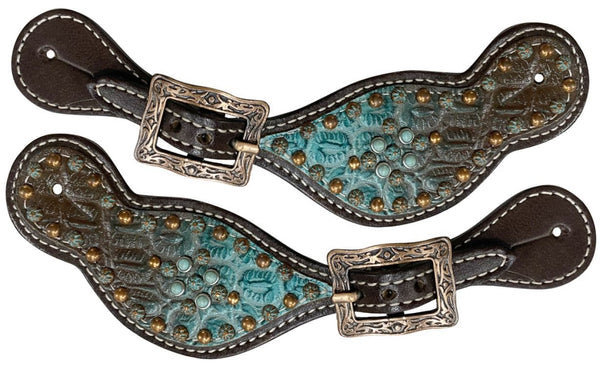 Showman Showman Ladies Chocolate Brown/Teal Tooled Spur Straps
