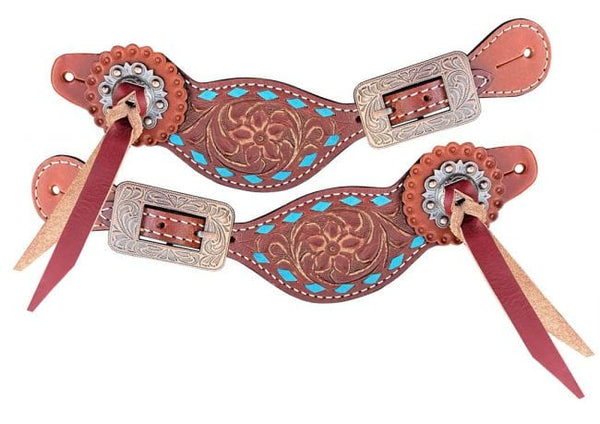 Showman Showman Ladies Leather Spur Strap with Tooled Leather and Teal Rawhide Lacing