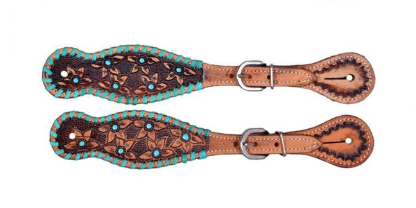 Showman Showman Ladies Leather Spur Straps with Tooled Flowers with Teal Accents