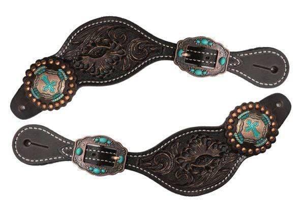 Showman Showman Ladies Tooled Leather Spur Straps with Vintage Cross Conchos