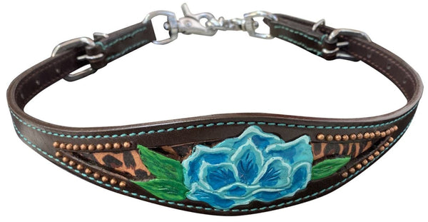 Showman Showman Leather Wither Strap w/ Blue Painted Poppy Flower Design on Cheetah Inlay