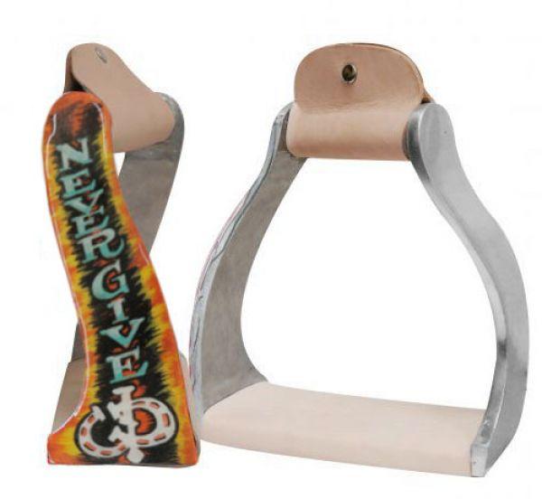 Showman Showman Light Weight Twisted Angled Aluminum Stirrups With Shimmering "Never Give Up" Painted Design