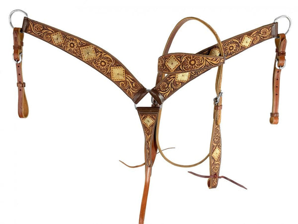 Showman Showman Medium Oil One Ear Leather Headstall Set with Floral Tooling and Rawhide Flower Design
