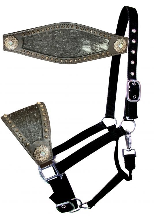 Showman Showman Nylon Bronc Halter with Hair on Cowhide with Flower Concho Accents