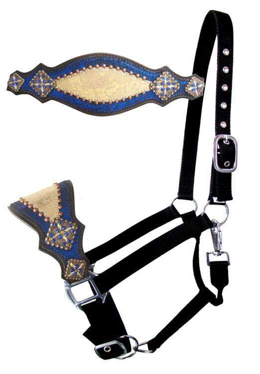 Showman Showman Nylon Bronc Halter with Royal Blue and Gold Metallic Print Inlay