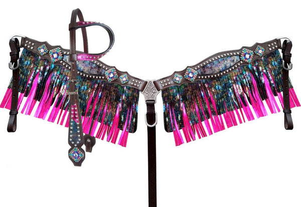 Showman Showman Rainbow Inlay Metallic One Ear Headstall Set with Crystal Conchos and Fringe Accent