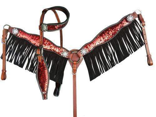 Showman Showman Red and Gold Sequins Inlay Fringe Headstall Set