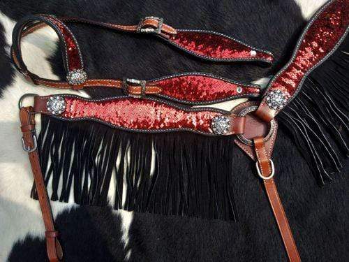 Showman Showman Red and Gold Sequins Inlay Fringe Headstall Set