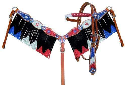 Showman Showman Red, Silver, and Blue Glitter Fringe Headstall Set