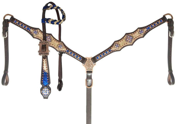 Showman Showman Royal Blue and Gold Metallic Braided Single Ear Headstall Set