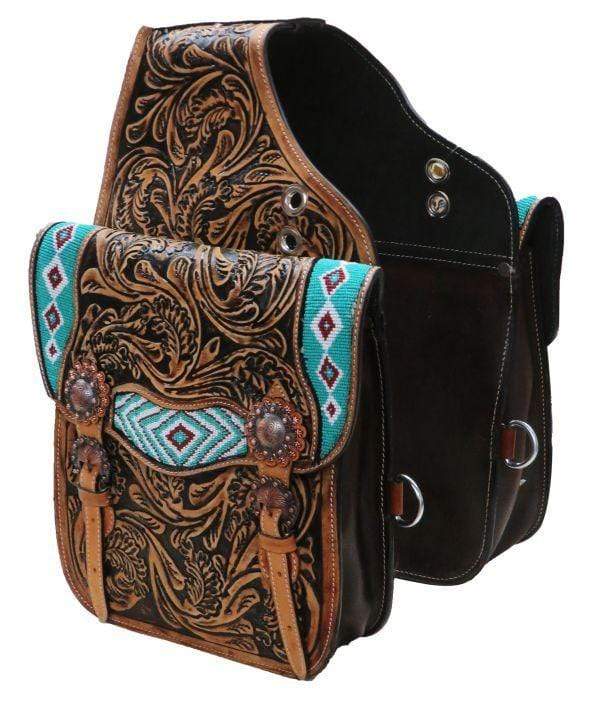 Showman Showman Tooled Leather Saddle Bag With Beaded Inlay