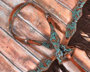 Showman Showman Turquoise and Brown Floral Tooled Fringe Headstall Set