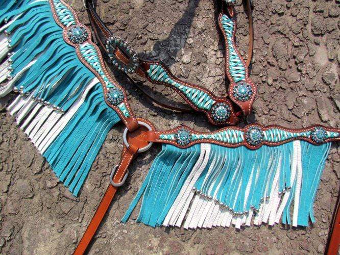 Showman Showman Turquoise and White Leather Laced Fringe Headstall Set
