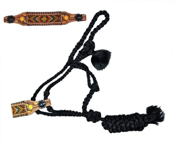 Showman Showman Woven Black Nylon Mule Tape Halter with Beaded Noseband and Black Rawhide Lacing.