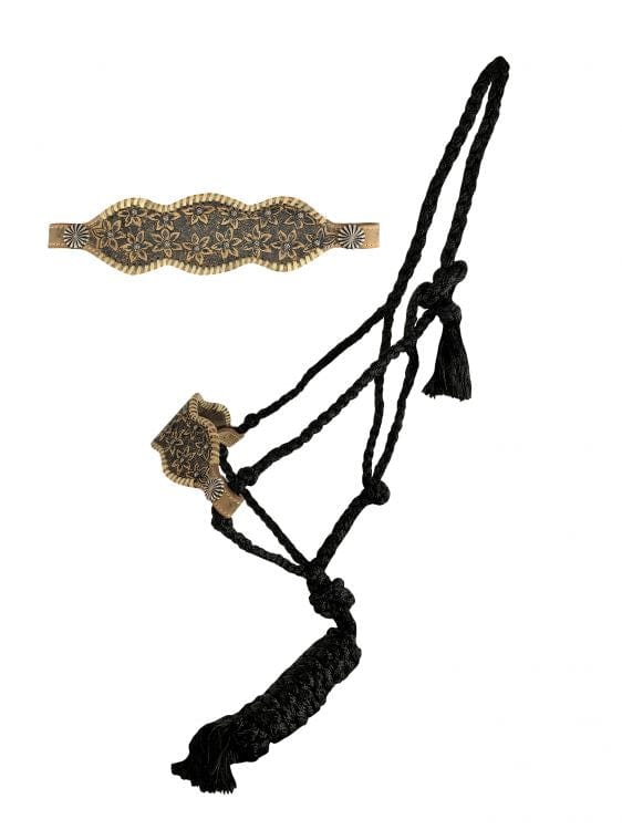 Showman Showman Woven Black Nylon Mule Tape Halter with Tooled Light Oil Flower Noseband