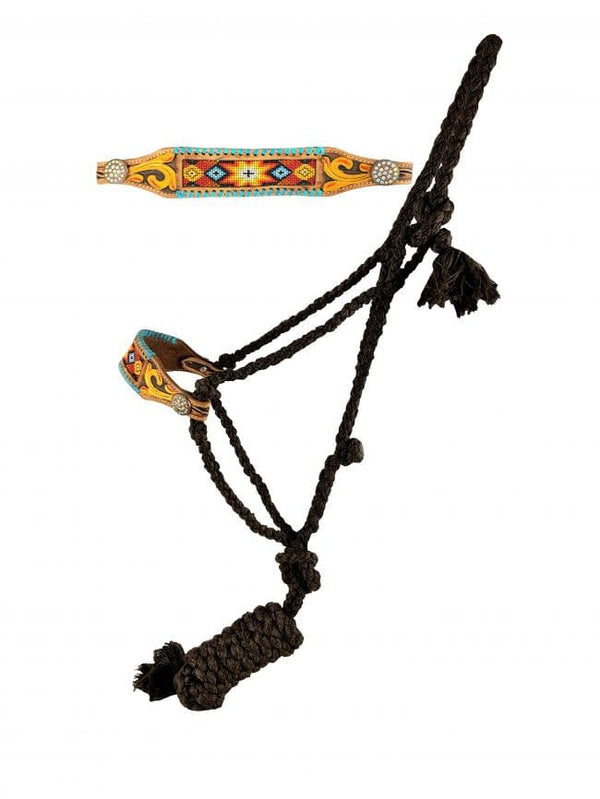 Showman Showman Woven Brown Nylon Mule Tape Halter with Gold and Yellow Beaded Noseband