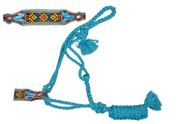 Showman Showman Woven Teal Nylon Mule Tape Halter with Beaded Noseband and Teal Rawhide Lacing