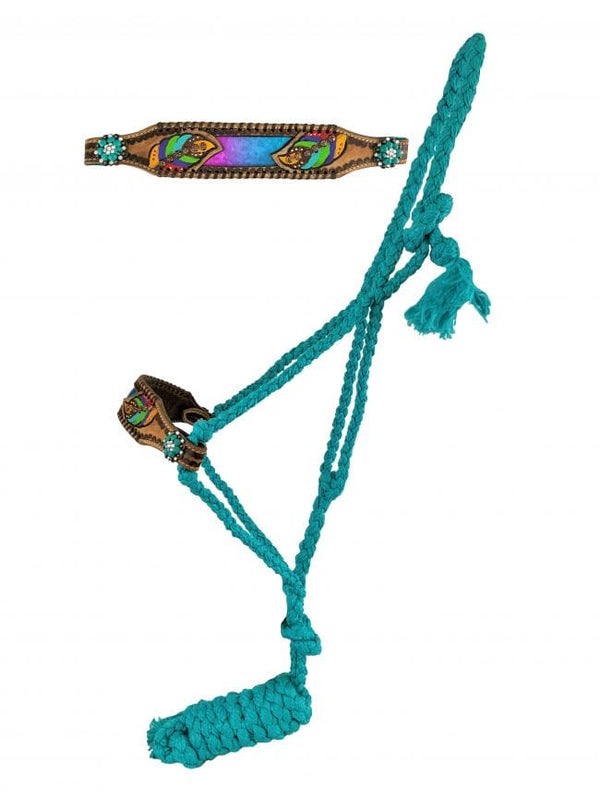 Showman Showman Woven Teal Nylon Mule Tape Halter with Painted Rainbow Feather