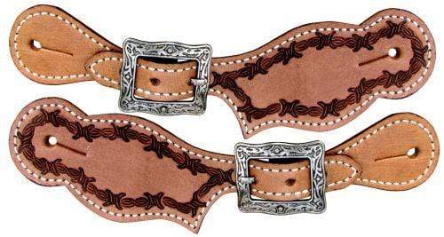 Showman Showman Youth Leather Spur Straps with Barbwire Tooling