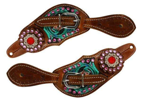 Showman Showman Youth Size Floral Tooled Spur Straps With Metallic Paint And Pink Crystals
