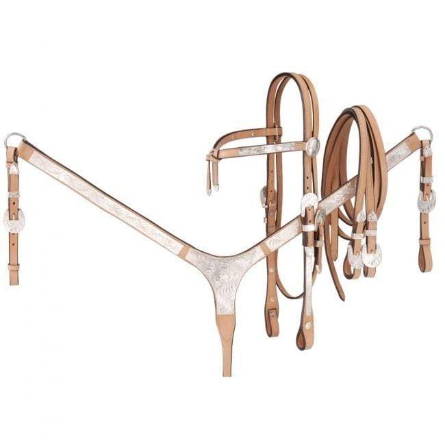Tough-1 3 Piece Silver Show Set - Futurity Brow Headstall, Split Reins and Breastcollar with Silver Accents